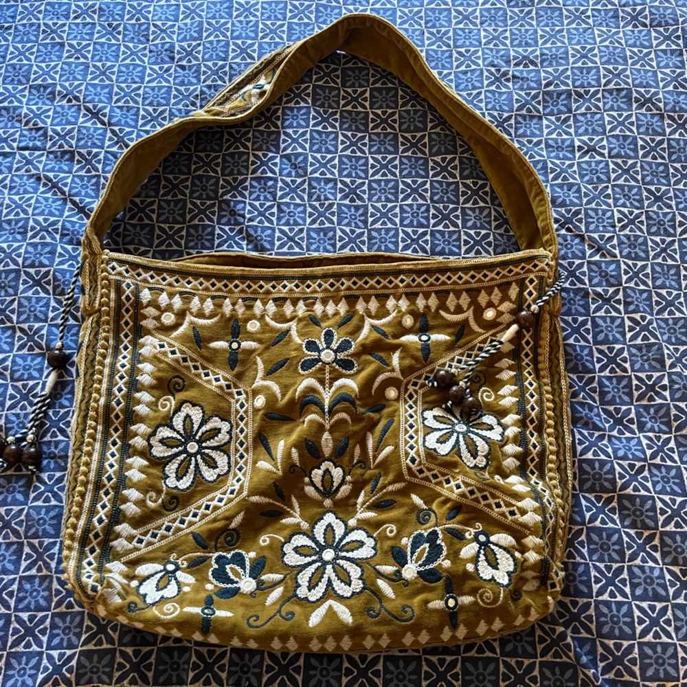 Free People Mustard Floral Embroidered Shoulder Bag
